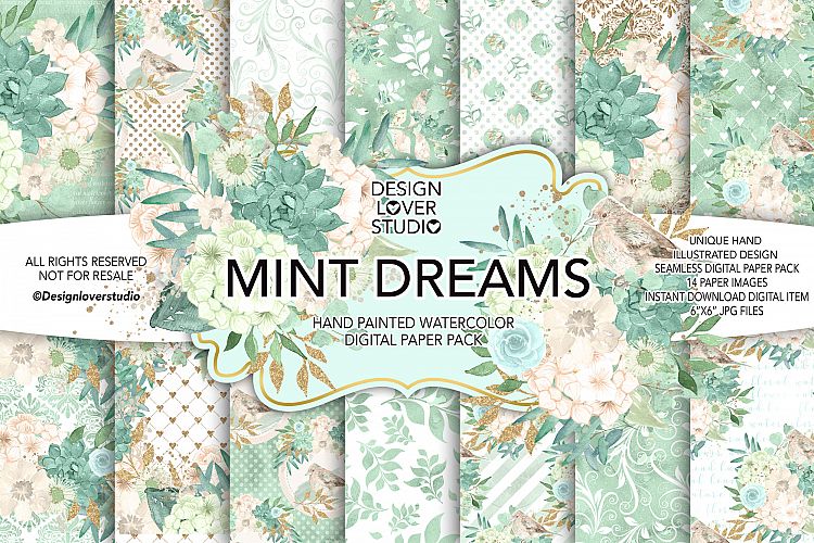 Watercolor MINT DREAMS digital paper pack