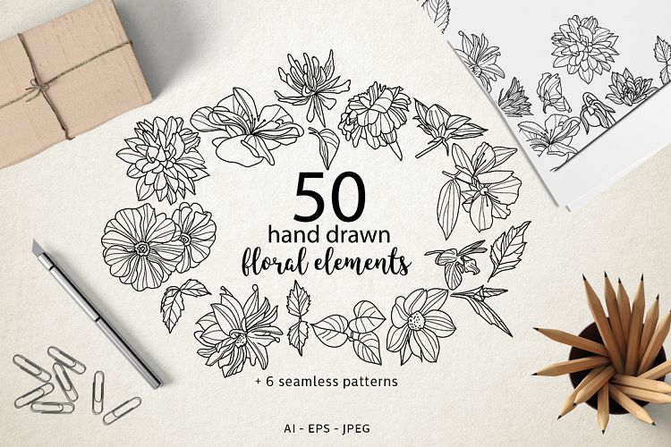 50 hand drawn floral elements