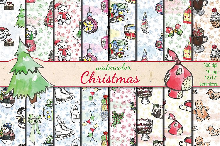 Christmas watercolor seamless patterns