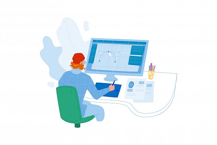 Designer Working On New Project At Computer Vector example image 1