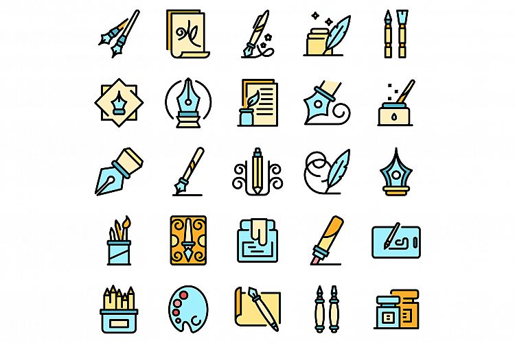 Calligraphy tools icons set vector flat example image 1