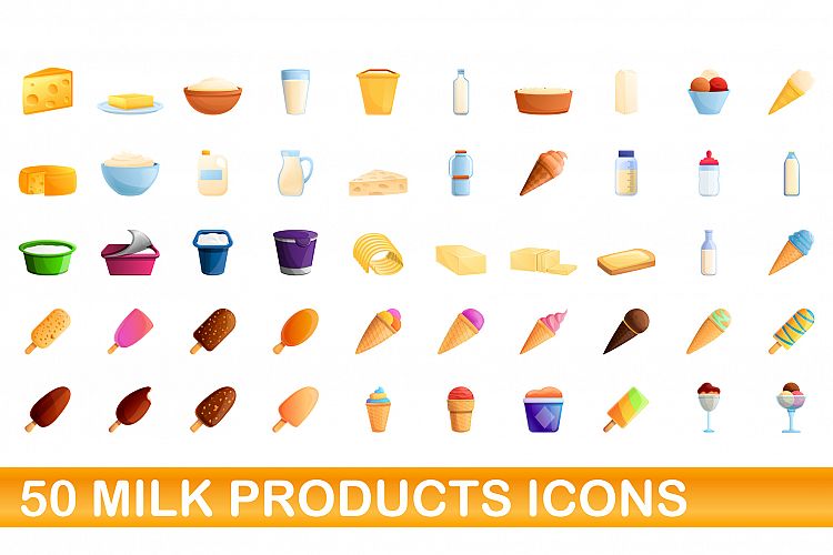 50 milk products icons set, cartoon style example image 1