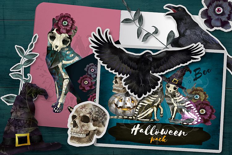 Halloween spooky clipart with skeleton cats, witch skull