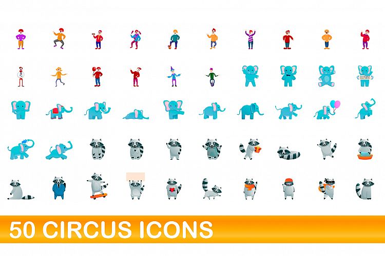 50 circus icons set, cartoon style example image 1