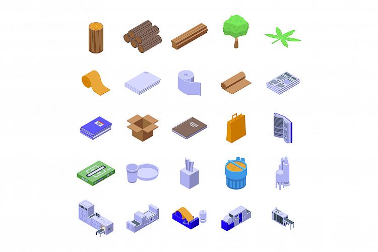 Paper production icons set, isometric style example image 1