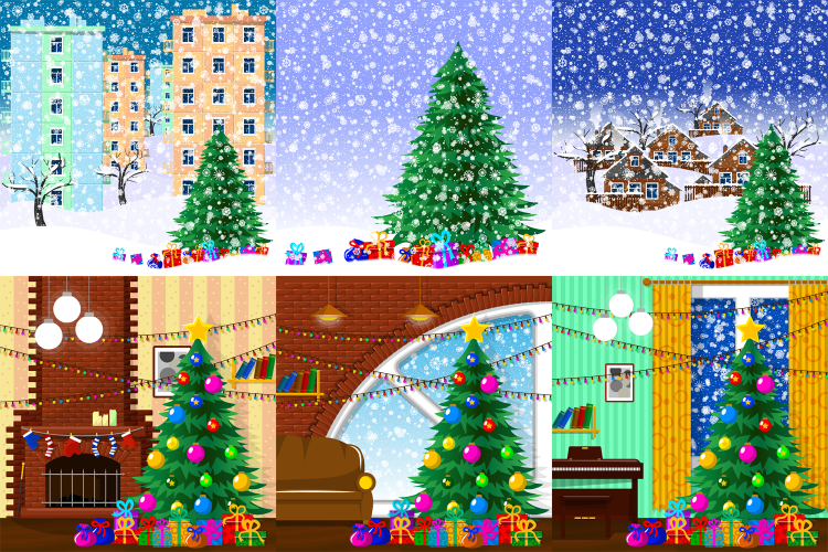 Illustration for christmas. Christmas tree, gifts and snow.