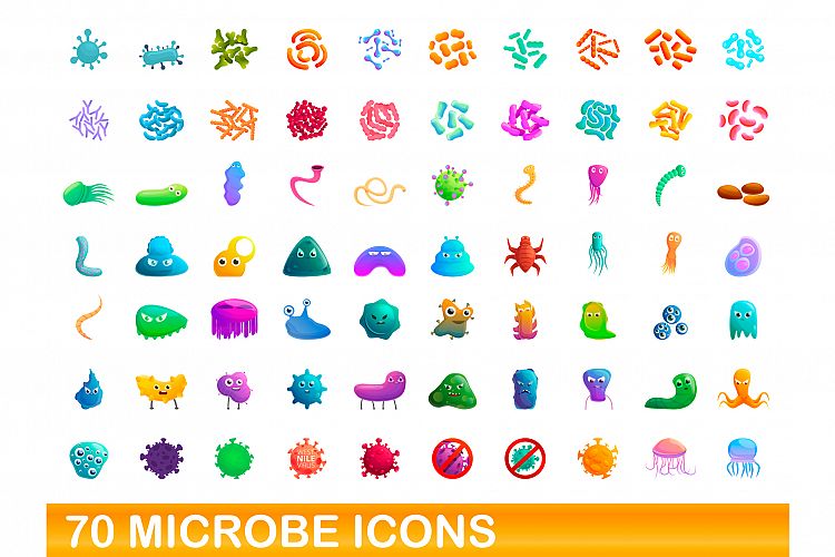 70 microbe icons set, cartoon style example image 1