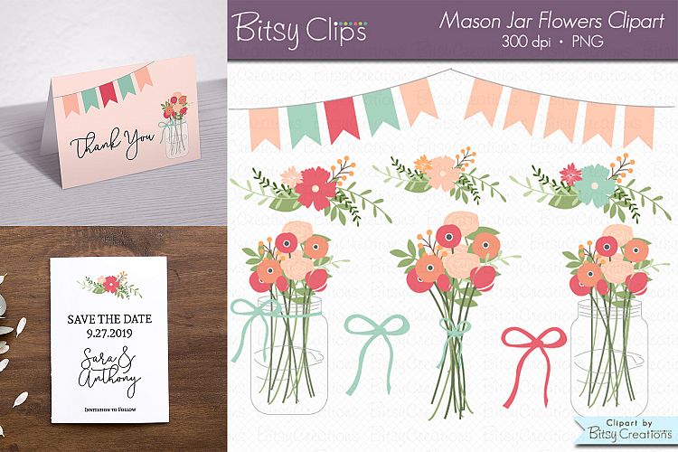 Mason Jar Flowers Digital Art Set Clipart