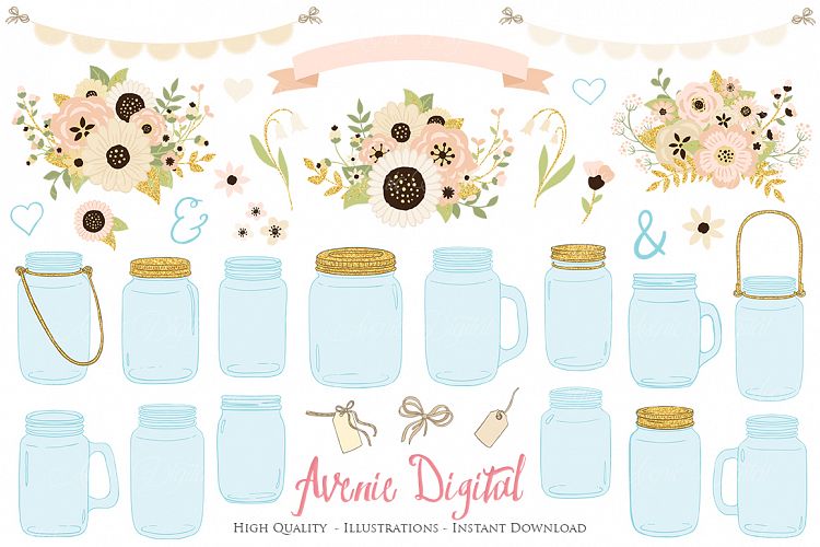 Ivory and Gold Mason Jar Floral Wedding Clipart