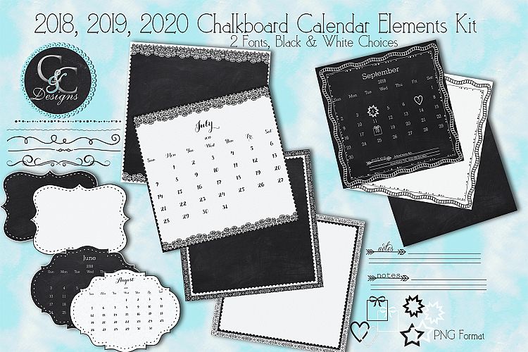 2018 through 2020 Chalkboard Calander KIt with 32 Design Element and 1 Chalkboard paper example image 1