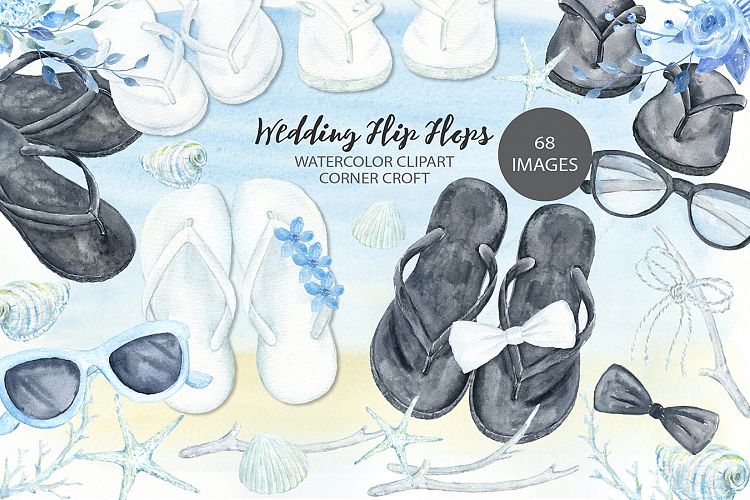 Watercolor wedding sandals clipart, white flip flops, black flip flops illustration 