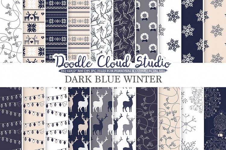 Dark Navy Blue Cream Gray Winter digital paper, Christmas Holiday patterns, Stars Snow deers X-mas backgrounds, Personal & Commercial Use