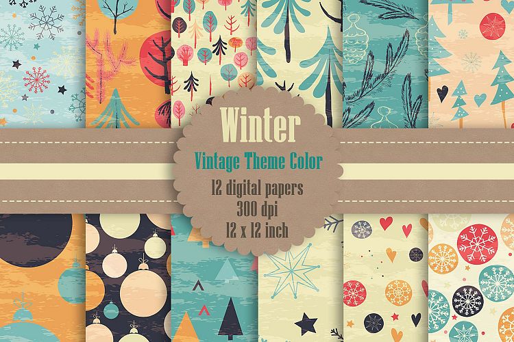 12 Winter Holiday Digital Papers in Vintage Theme Color
