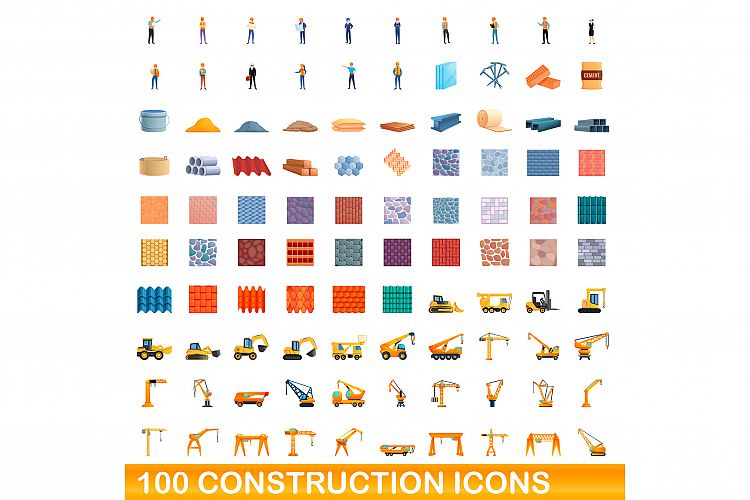 100 construction icons set, cartoon style example image 1