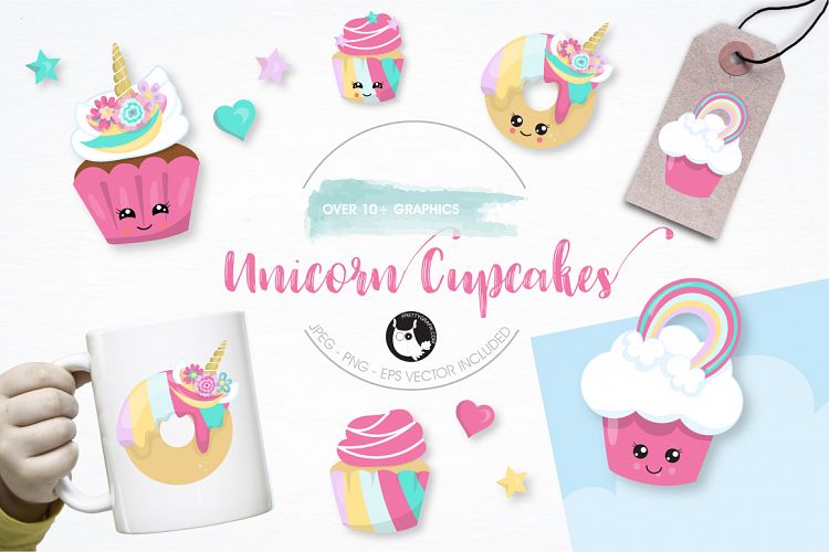 Unicorn cup cakes graphics and illustrations