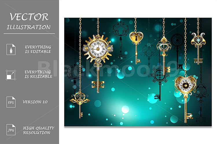 Antique Keys on Green Background. Steampunk