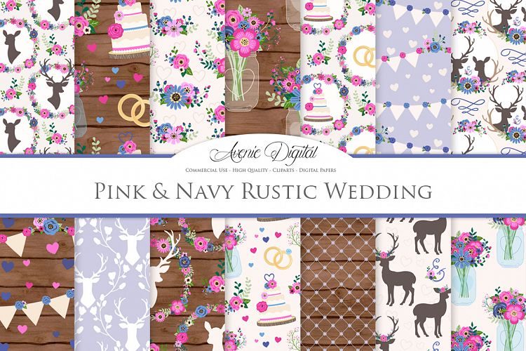 Pink and Navy Wedding Digital Paper - Navy and Pink Rustic Wedding Deer Seamless Patterns