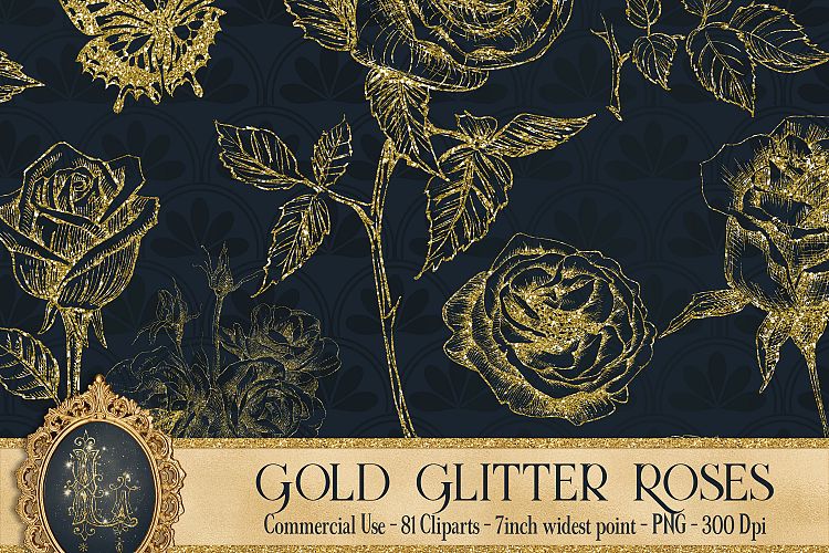 Gold Glitter Rose 81 Clip Arts Set, Fairy Glitter Flowers