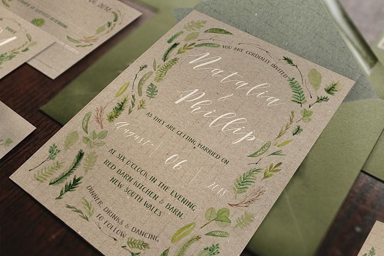 Watercolor Foliage Wedding Invitation Suite