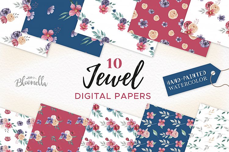 Jewel Flowers Patterns Digital Papers Purple Red Wedding Floral