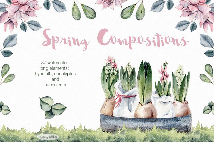 Spring watercolor compositions with Giacint illustration
