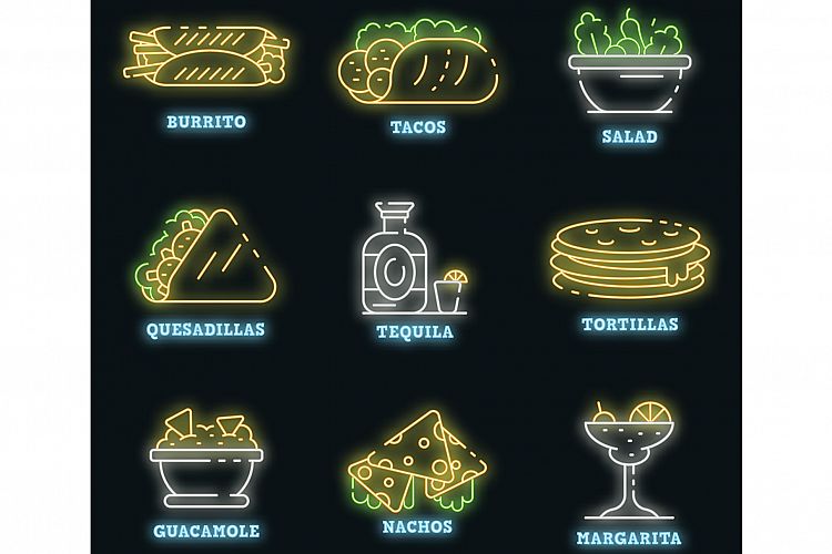 Mexican food icons set vector neon example image 1