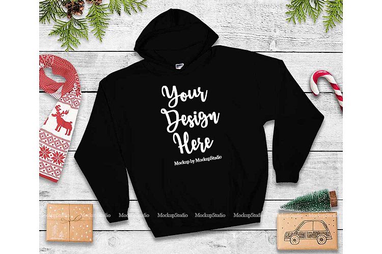 Christmas Black Hoodie Mockup, Winter Holiday Flat Lay