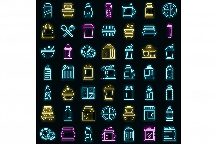 Plastic tableware icons set vector neon example image 1