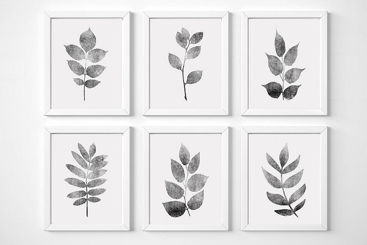 Set of 6 Botanical Prints, Gray Leaf Print, Gray Botanical