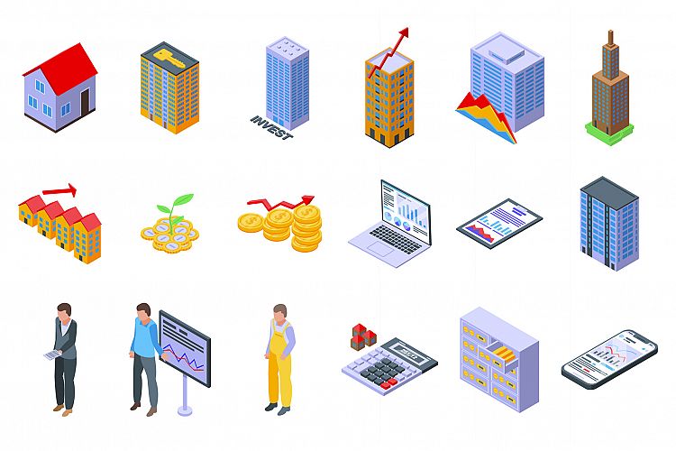 Property investments icons set, isometric style example image 1