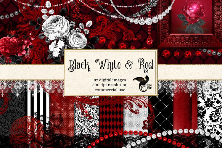 Black White and Red Digital Scrapbooking Kit