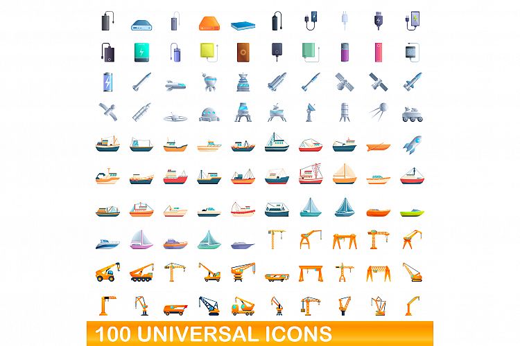 100 universal icons set, cartoon style example image 1