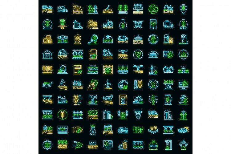 Farming robot icons set vector neon example image 1