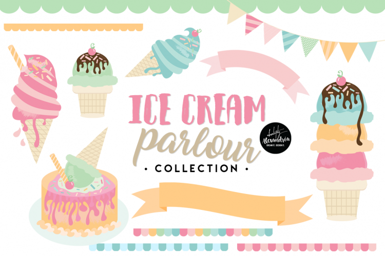 Ice Cream Parlour Clipart Graphics & Digital Paper Patterns Bundle
