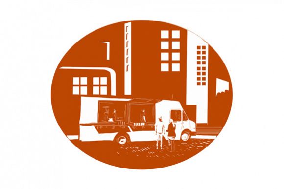 Food Truck City Buildings Oval Woodcut example image 1
