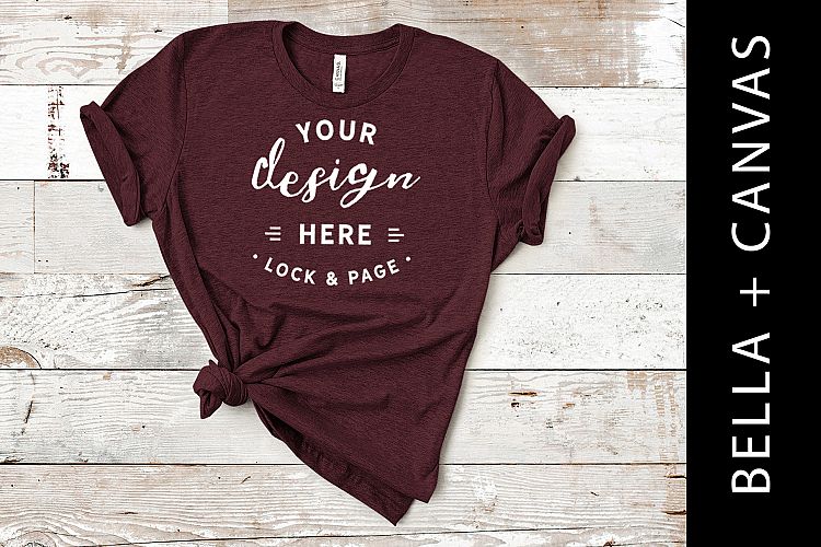 Heather Maroon Bella Canvas 3001 T-Shirt Mockup On Wood