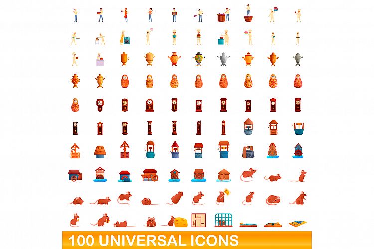 100 universal icons set, cartoon style example image 1