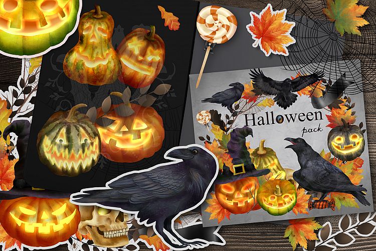Halloween clipart set with raven pumpkin fall leaves sweets