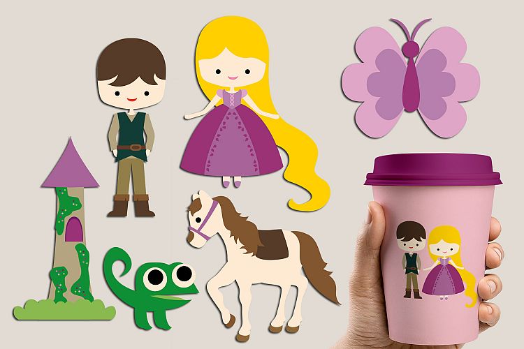 Fairytale clipart, prince, long hair princess, horse, tower