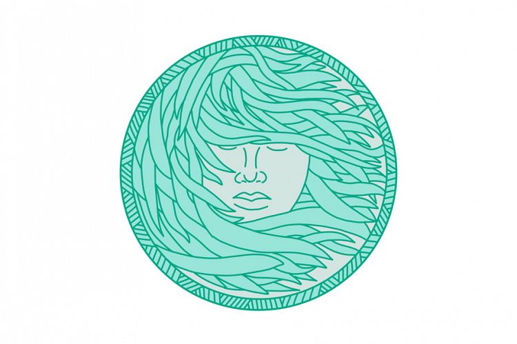 Polynesian Woman Sea Kelp Hair Circle Mono Line
