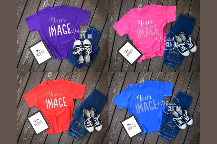 Download 4 Blank Colored T-Shirt Flatlay Top View Shirt Mockup JPG