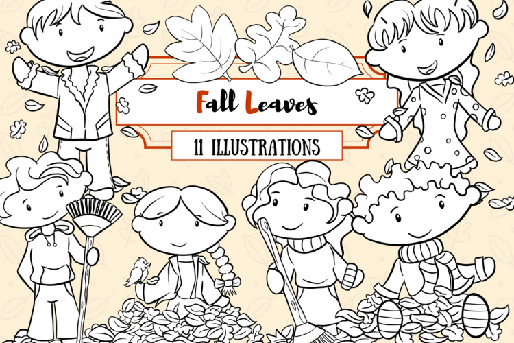 Kids Playing in Fall Leaves Digital Stamps