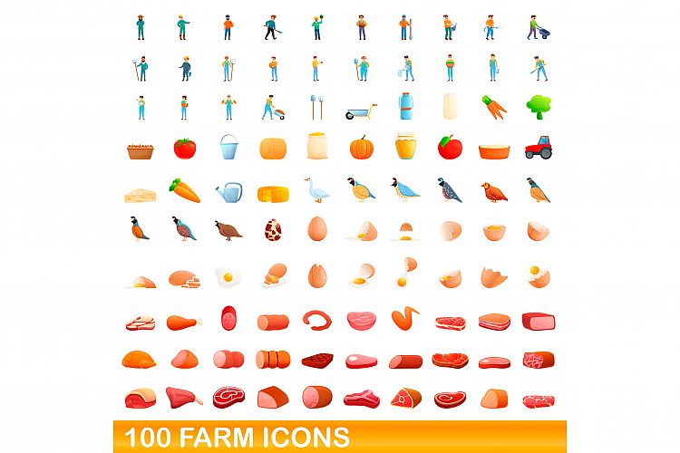 100 farm icons set, cartoon style example image 1