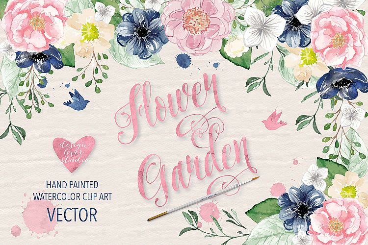 Vector Watercolor Navy blue and Pink Flower Garden clipart