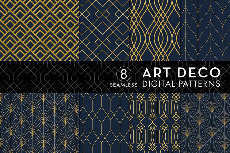 8 Seamless Art Deco Patterns - Gold & Navy Blue - Set 1