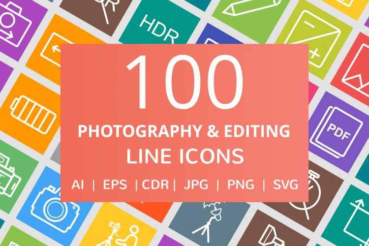 100 Photography   Picture Line Multicolor B/G Icons
