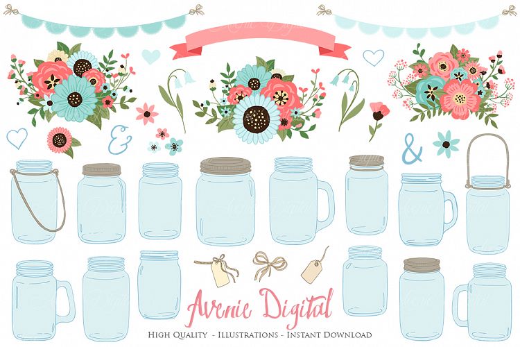 Coral and Turquoise Mason Jar Wedding Clipart