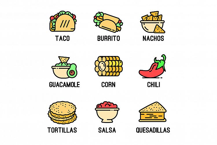 Mexican food icons set, outline style