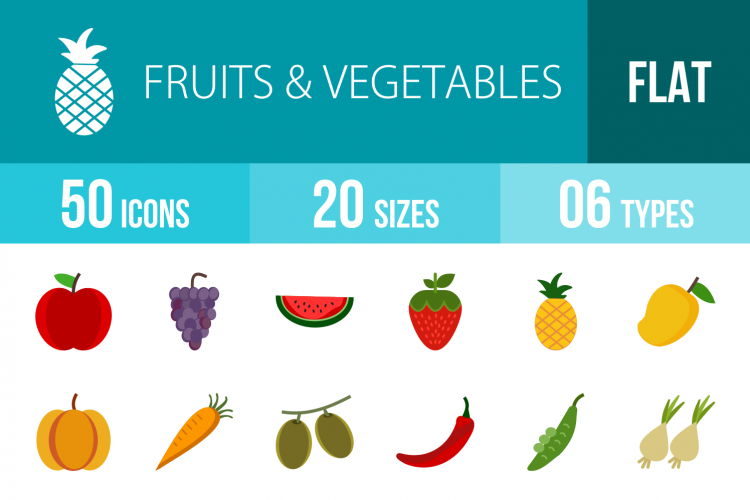 50 Fruits & Vegetables Flat Multicolor Icons