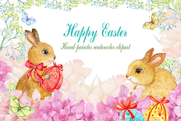 watercolor clipart/ Easter bunnies example image 1